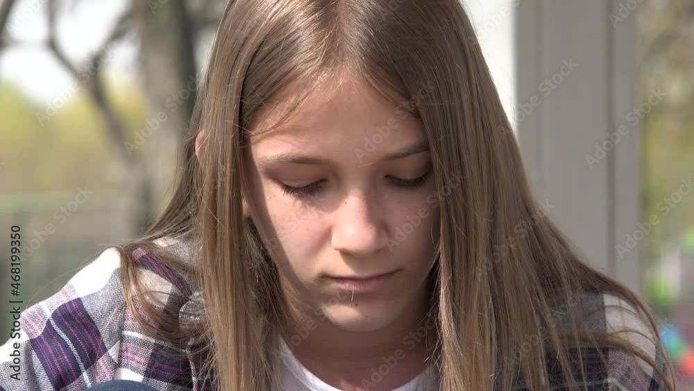 Sad Girl, Unhappy Kid, Thoughtful Bullied Child in Park, Depression of Adolescents, Children Expression in Coronavirus Pandemic Sad Girl, Unhappy Kid, Thoughtful Bullied Child in Park, Depression of Adolescents, Children Expression in Coronavirus Pandemic