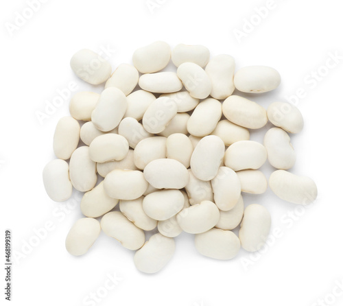 Fotografie, Obraz Pile of uncooked navy beans on white background, top view