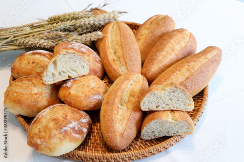 close up of mini french breads for breakfast or for snack with yam and coffee or tea in the afternoon.