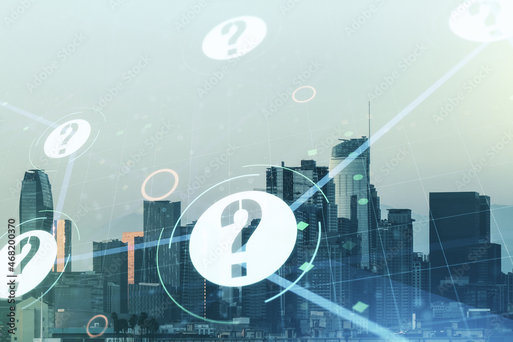 Abstract virtual question mark hologram on Los Angeles cityscape background, future technology concept. Multi exposure Abstract virtual question mark hologram on Los Angeles cityscape background, future technology concept. Multi exposure