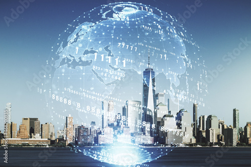 Abstract virtual coding concept and world map hologram on New York city skyline background. Multiexposure © Pixels Hunter