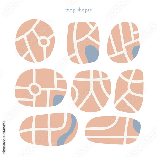 Top view city map shapes set of the Urban crossroads with lakes and rivers. Basis for creating cozy urban illustrations. Town map creator element. Flat hand drawn vector illustration.