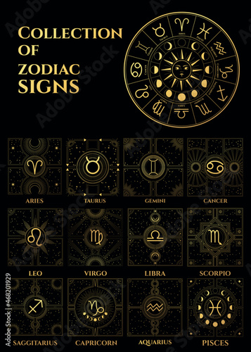 collection of horoscope sign in mystic style, black and gold colours