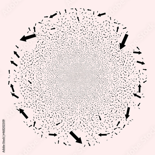 Arrow fireworks round cluster. Object pattern is constructed from random arrow design elements as explosion cluster. Abstract round cluster mosaic created from arrow icons.