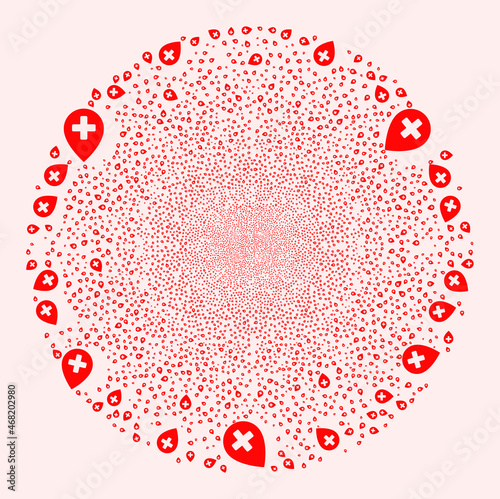 Clinic map pointer exploding circle. Object pattern done from scattered clinic map pointer design elements as fireworks globula. Abstraction spheric globula collage done from clinic map pointer icons.