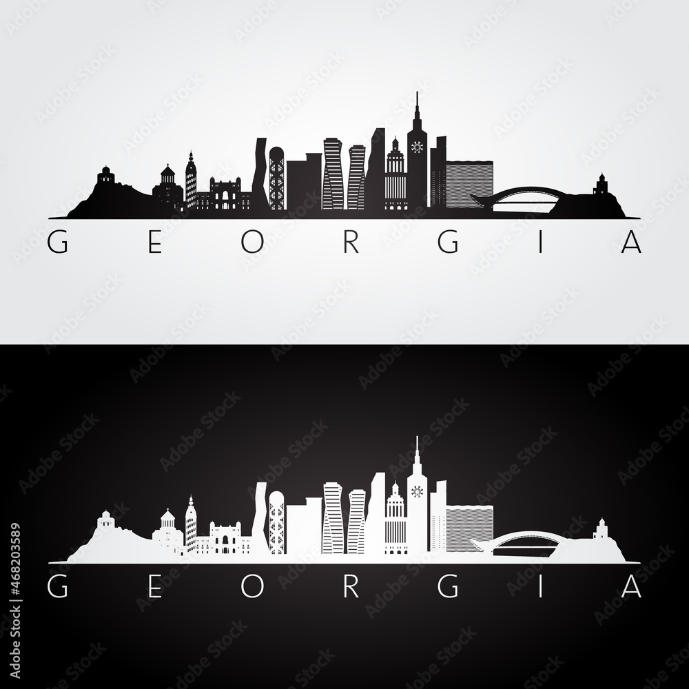 Georgia skyline and landmarks silhouette, black and white design, vector illustration.