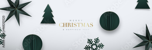 Christmas web banner. Green origami paper balls, stars, snowflakes, christmas trees with gilded border. NYE vector background, web header, social media banner. photo