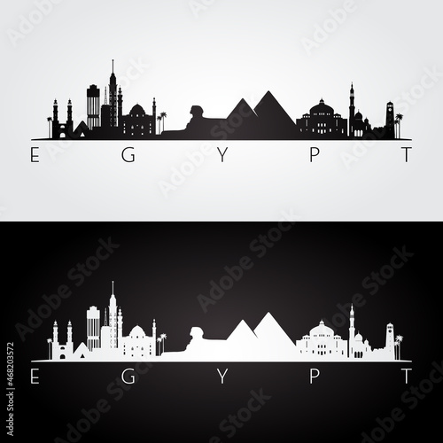 Egypt skyline and landmarks silhouette, black and white design, vector illustration.