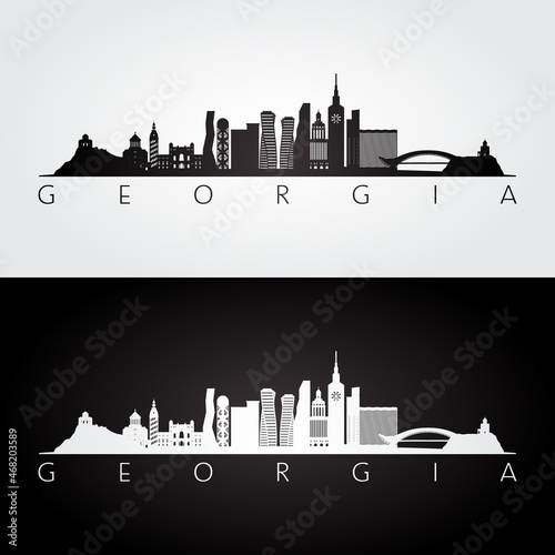 Georgia skyline and landmarks silhouette, black and white design, vector illustration.