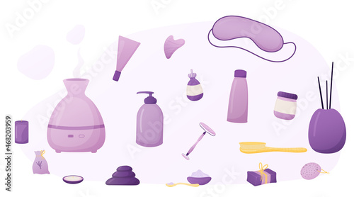 Spa relax and body care elements set. Cosmetology treatment for women beauty. Digital vector illustration