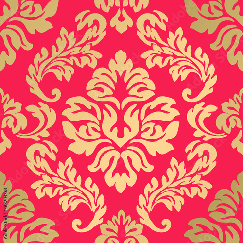 Damask seamless pattern in vector. Gold ornament on a red-pink background. Indian Arabic ornament motifs, shiny fabric or packaging as design idea 