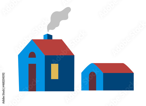 Houses or cottage icon. Light in the windows, smoke coming from the chimney. Village designation, design element, site, game. Simple vector illustration in flat style