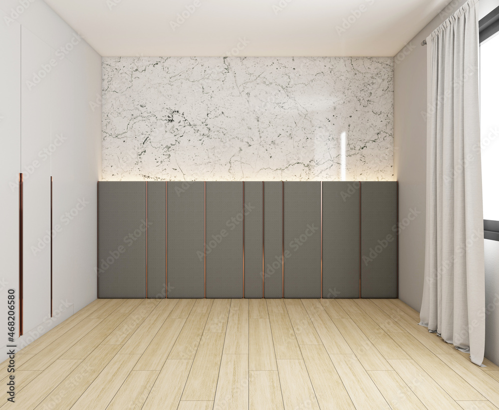 luxury empty room with marble pattern wall and gray wardrobe, white curtain and wood floor. 3d rendering luxury empty room with marble pattern wall and gray wardrobe, white curtain and wood floor. 3d rendering