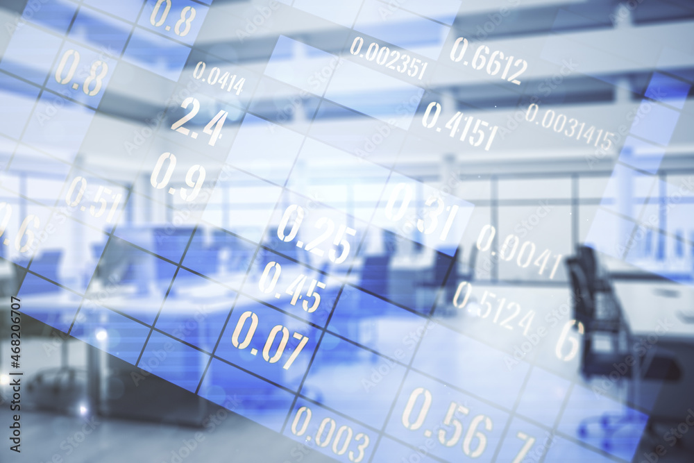 Fototapeta premium Double exposure of abstract creative statistics data hologram on a modern furnished office interior background, analytics and forecasting concept