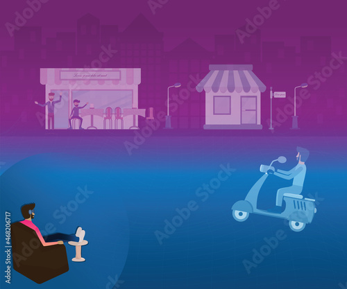 Flat design of digital technology,A man wearing vr glass for meeting his friends in virtual world - vector