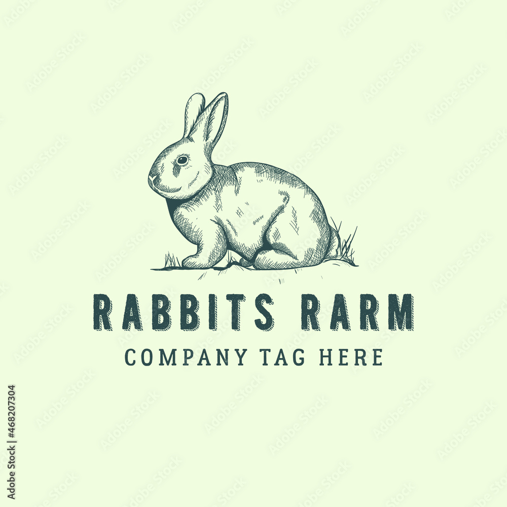 Fototapeta premium Vintage Rabbit Logo. Hand Drawing Rabbit. Cross Hatching Rabbit Farm Logo. Retro Logo Vector Image