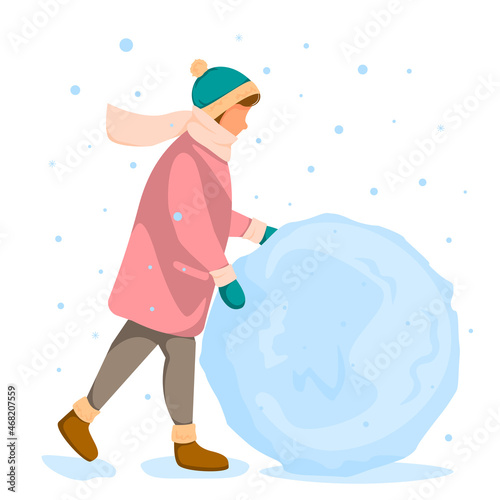 Person is rolling big snowball. Concept of winter fun. Vector illustration in flat style.