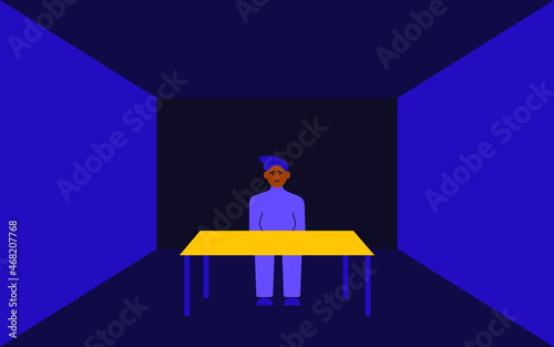 Psychological support concept in difficult times in flat style. A man sits alone in a dark gloomy room. Mental health of the population during the quarantine period. helping lonely people. Vector.