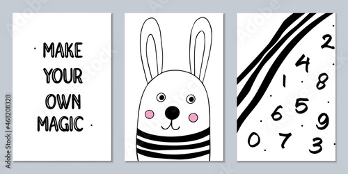 Set of Scandinavian monochrome posters with animals and captions. Black and white wall art to decorate a child's room