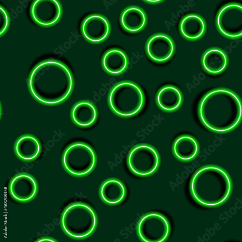 Abstract neon seamless pattern. Green glowing circles background.