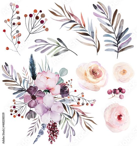 Winter floral Watercolor bouquet with pastel leaves, berries and flowers