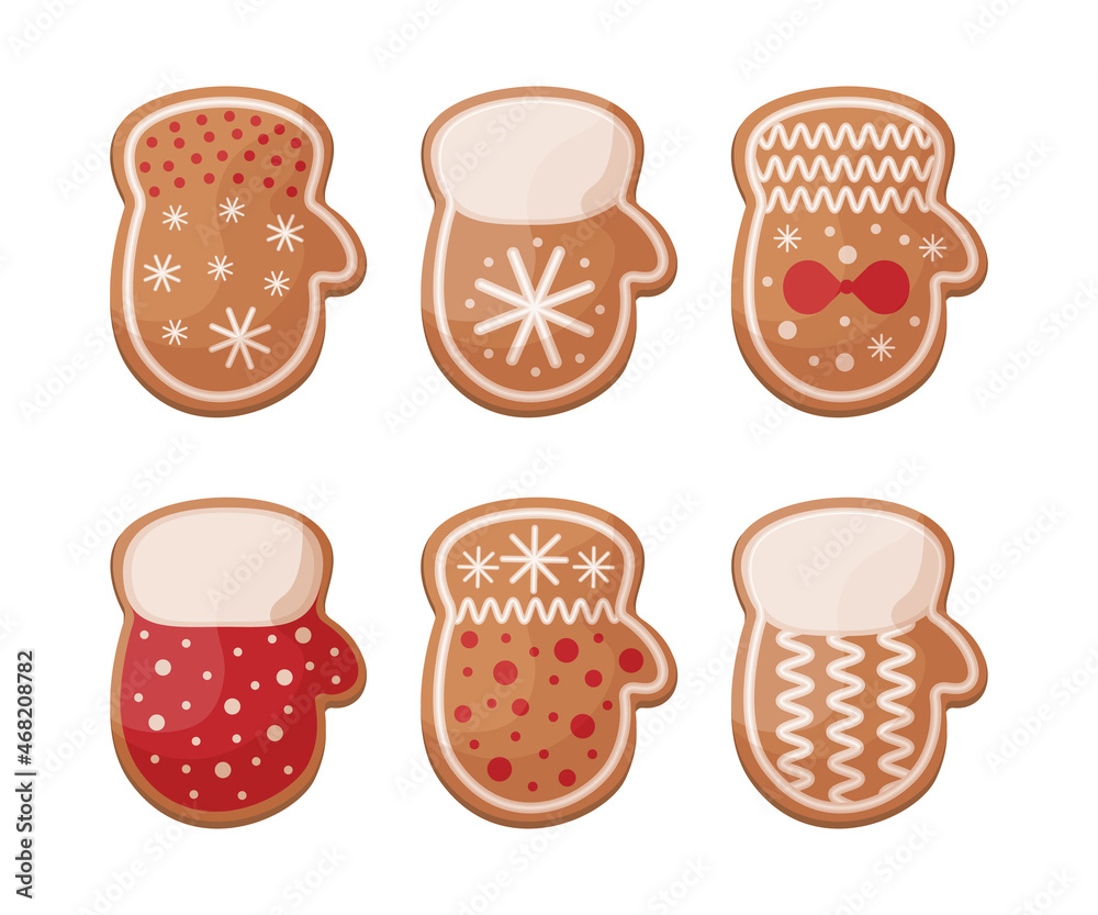 Cute Christmas set with gingerbread. New Year gingerbread in the form of mittens Festive pastries. Christmas cookies in the shape of mittens. Vector illustration isolated on a white background Cute Christmas set with gingerbread. New Year gingerbread in the form of mittens Festive pastries. Christmas cookies in the shape of mittens. Vector illustration isolated on a white background