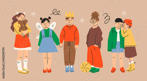 Set of playful preteen children in trendy casual clothes. Group of cool kids standing together. Different outfit. Modern fashion look. Hand drawn Vector illustration. Flat design. Cartoon trendy style