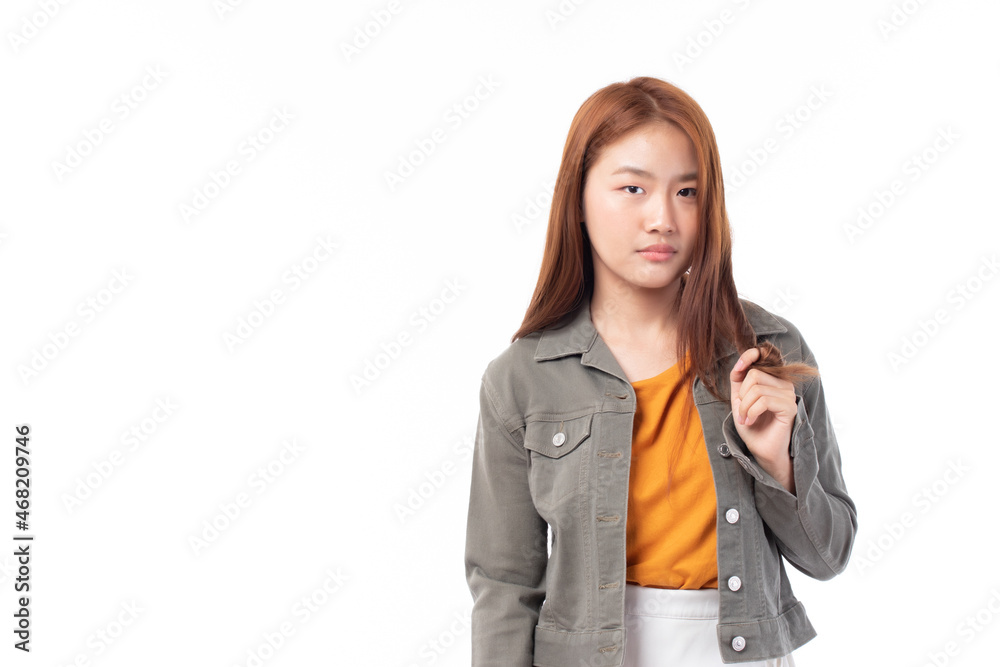 Portrait of beautiful young Asian girl model long hair in casual summer clothes smile, happy and enjoying in studio isolated on white background. Portrait of beautiful young Asian girl model long hair in casual summer clothes smile, happy and enjoying in studio isolated on white background.