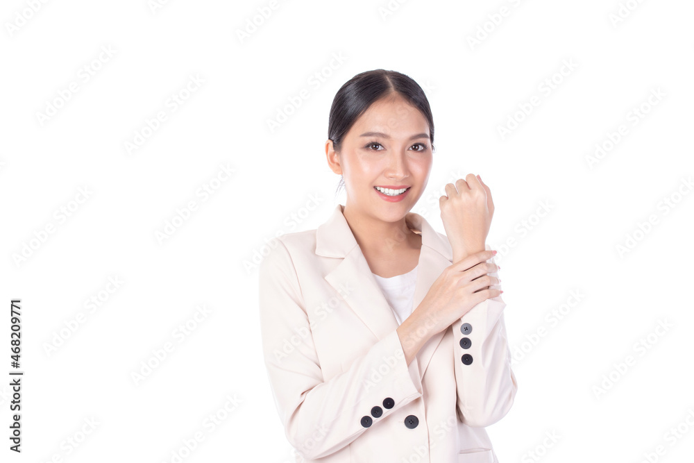 Beautiful young Asian business woman wearing suit feeling successful, good job, happy and smile celebrating with arms up isolated on white background. Beautiful young Asian business woman wearing suit feeling successful, good job, happy and smile celebrating with arms up isolated on white background.