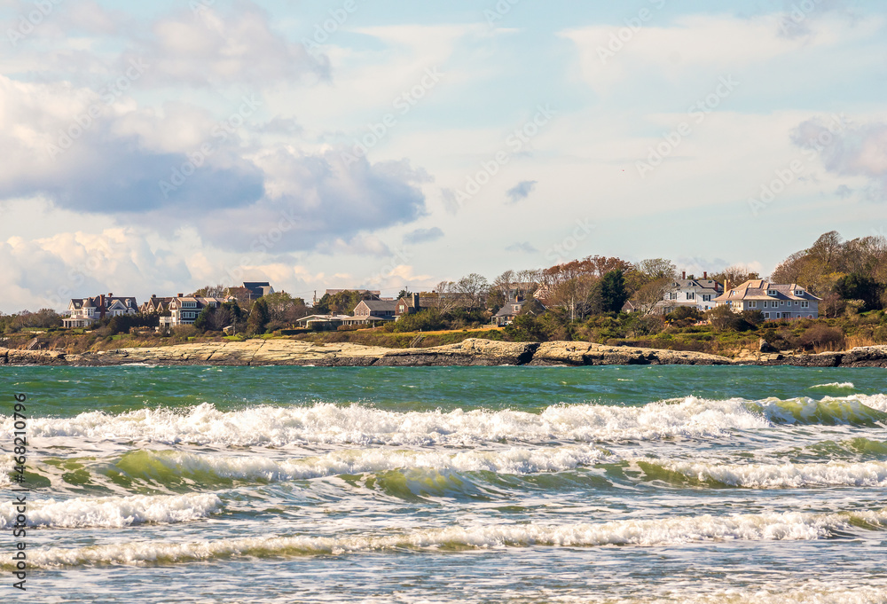 Scenic view of the seashore and residential area in Middleton, Rhode Island, from Second Beach Park