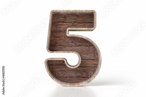 Rustic wood empty furniture in the shape of number 5, ideal to display retail products or decorate an interior space. Textured raw and recycled wood planks. High quality 3D rendering.