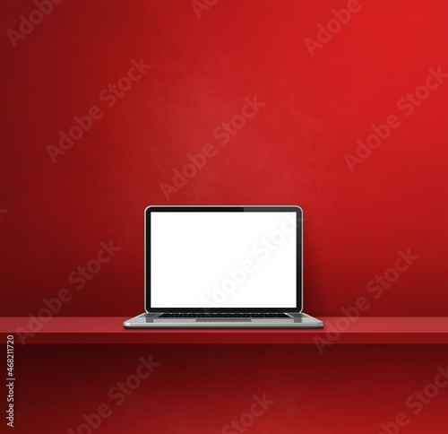 Laptop computer on red shelf. Square background