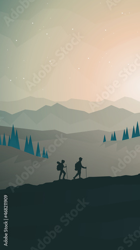 Travel concept of discovering  exploring  observing nature. Hiking tourism. Adventure. A couple climbs the mountains. Teamwork. Polygonal landscape illustration. Minimalist flat design