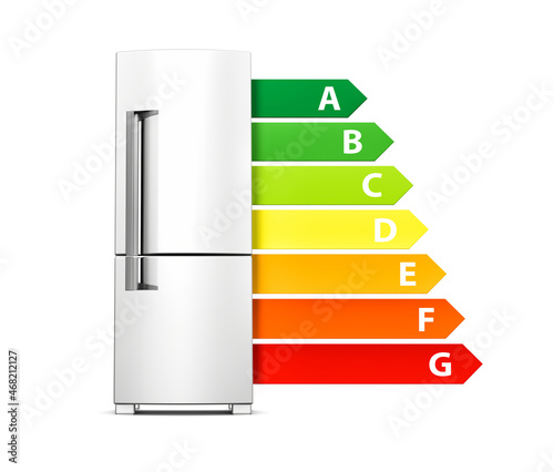 Refrigerator with energy efficiency classes. European Union energy label. Isolated on white background