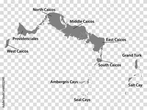 Blank map Turks and Caicos Islands  in gray. Every Island map is with titles. High quality map of  Turks and Caicos Islands with districts on transparent background for your  design.   EPS10.
