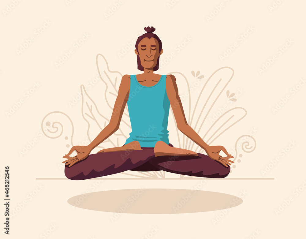 Young man is practicing yoga. Person is levitating in lotus position.