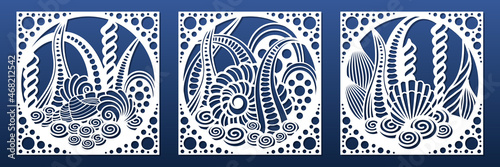 Decorative panels laser cnc cut stencil. Paper cut, wall art, coasters, room privacy screen, tile for home interior design. Underwater world, seashells, weeds and reefs. Vector illustration