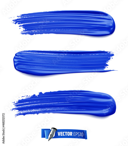 Vector realistic blue paint brush strokes on a white background.