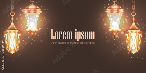 Vector isolated illustration of realistic classical hanging copper lanterns with fireflies and copy space. Shining three-dimensional lamp with lighting effect on a brown background with place for text