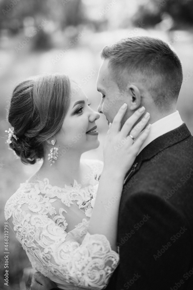Fototapeta premium the groom and the bride are walking in the forest near a narrow river