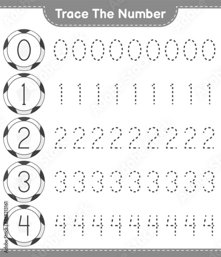Trace the number. Tracing number with Soccer Ball. Educational children game, printable worksheet, vector illustration