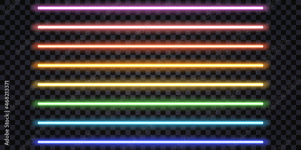 Glowing neon sticks, laser light beams. Rainbow color set, fluorescent electric tubes, luminous stripe lines. Isolated design elements. Vector illustration