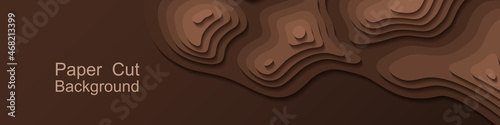 Paper cut topography background. Topographic relief map design for web banner. Coffee or chocolate dark brown color papercut. Vector illustration