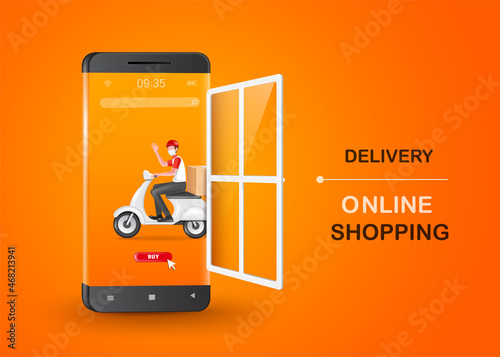 driver delivery motorcycle is waving at the door and the 
android smartphone. to inform the customer that the product has been delivered for delivery and online shopping concept,vector 3d