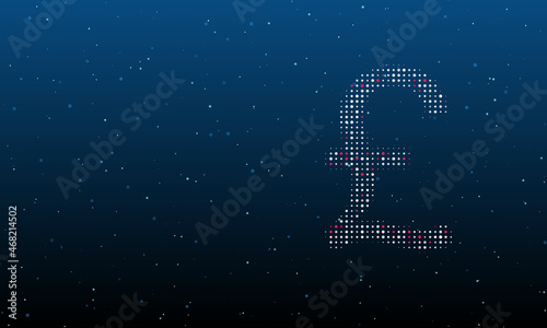 On the right is the pound symbol filled with white dots. Background pattern from dots and circles of different shades. Vector illustration on blue background with stars