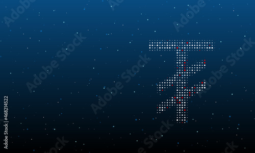 On the right is the tugrik symbol filled with white dots. Background pattern from dots and circles of different shades. Vector illustration on blue background with stars