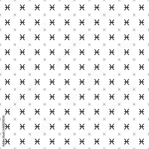 Square seamless background pattern from black zodiac pisces symbols are different sizes and opacity. The pattern is evenly filled. Vector illustration on white background