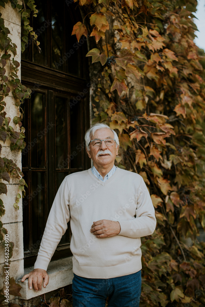 Senior man standing by the window at the autumn day Senior man standing by the window at the autumn day