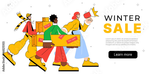 Winter Sale Banner Design. People enjoying shopping and carries their purchases. Social media or website shopping banner, Christmas offer, seasonal sale, online shop advertisement with crowd of people