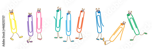 Collection of funny paper clips. In cartoon style. Isolated on white background. Vector illustration.